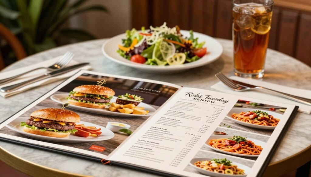 A beautifully arranged Ruby Tuesday menu featuring vibrant, appetizing images of dishes like juicy burgers, fresh salads, and savory pasta, styled on an elegant tabletop. In the foreground, highlight a detailed menu design with several sections, including pricing information elegantly incorporated into the layout. The middle ground displays a cozy dining setting with warm, inviting lighting, perhaps with a few flourishes like silverware and a glass of iced tea. In the background, suggest a hint of the restaurant ambiance, with soft-focus green plants and wooden accents, enhancing the welcoming atmosphere. The composition is warm and inviting, evoking a sense of comfort and satisfaction, captured with a slight overhead angle to showcase the menu and dishes attractively.