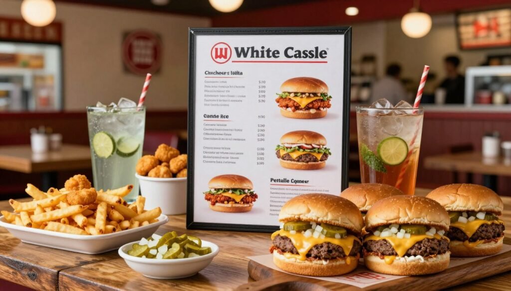 A beautifully arranged White Castle menu displayed on a rustic wooden table, focusing on the iconic sliders, crispy fries, and refreshing beverages. In the foreground, vibrant close-ups of the sliders showcase melted cheese, pickles, and onions, emphasizing their mouthwatering appeal. The middle ground features the full menu, elegantly designed with images of signature items, including chicken nuggets and breakfast sandwiches, surrounded by appetizing sides. The background includes a softly blurred interior of the White Castle restaurant in Scottsdale, with ambient lighting that creates a cozy, inviting atmosphere. Use a warm color palette and soft focus to evoke a sense of comfort and nostalgia. The image captures a perfect balance between the menu offerings and the inviting setting, without any text or logos. A beautifully arranged White Castle menu displayed on a rustic wooden table, focusing on the iconic sliders, crispy fries, and refreshing beverages. In the foreground, vibrant close-ups of the sliders showcase melted cheese, pickles, and onions, emphasizing their mouthwatering appeal. The middle ground features the full menu, elegantly designed with images of signature items, including chicken nuggets and breakfast sandwiches, surrounded by appetizing sides. The background includes a softly blurred interior of the White Castle restaurant in Scottsdale, with ambient lighting that creates a cozy, inviting atmosphere. Use a warm color palette and soft focus to evoke a sense of comfort and nostalgia. The image captures a perfect balance between the menu offerings and the inviting setting, without any text or logos.