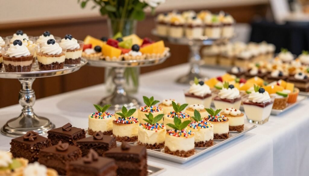 A beautifully arranged dessert catering display featuring a variety of Portillo's signature desserts, including chocolate cake slices, mini cheesecakes, and layered parfaits, all elegantly presented on a white tablecloth. The foreground captures a close-up view of the decadent desserts, garnished with sprigs of mint and colorful sprinkles. In the middle, a stylish catering setup with silver platters and vibrant fruit servings, evoking a festive atmosphere. The background is softly blurred, showcasing a warm, ambient lighting that enhances the inviting feel of a dessert table at a lively event. The overall mood is cheerful and celebratory, perfect for “Sweet Endings: Portillo's Dessert Catering Options,” inviting guests to indulge in delightful treats.