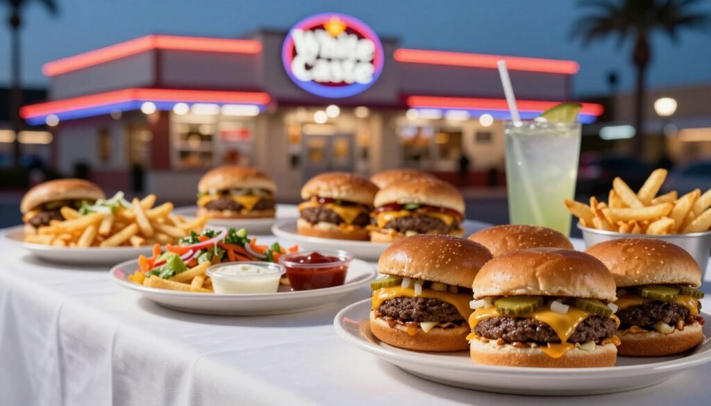 A beautifully arranged table featuring an array of White Castle burgers and value meals, with a focus on classic sliders, crispy fries, and a refreshing drink, all displayed on a clean, white tablecloth. In the foreground, highlight a stack of classic sliders with melted cheese, pickles, and onions, glistening under soft, warm lighting. The middle section includes neatly plated value meals, with colorful sides and dipping sauces artistically placed. In the background, a blurred outline of the iconic White Castle restaurant in Las Vegas, illuminated by neon lights in the evening, enhancing the lively atmosphere of the scene. Use a shallow depth of field to create an inviting and warm mood, evoking hunger and excitement for the menu’s offerings. Emphasize the freshness and quality of the food while maintaining an overall crisp and clean appearance.