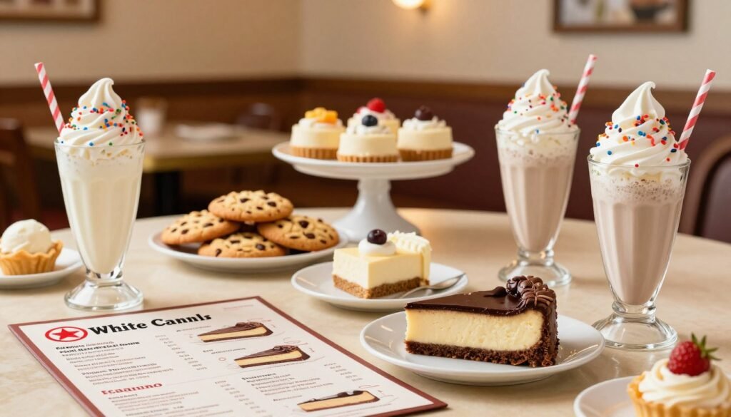 A beautifully arranged table featuring an enticing dessert menu from White Castle Orlando, showcasing a variety of sweet treats and dessert options. In the foreground, focus on vibrant desserts like creamy milkshakes, rich chocolate cheesecake, and soft serve ice cream adorned with colorful sprinkles. In the middle, include an elegant display of freshly baked cookies and mini cheesecakes. The background should feature a cozy, warmly lit restaurant ambiance with subtle decor elements that evoke a friendly dining atmosphere. Soft, diffuse lighting enhances the inviting mood, capturing the sweetness of the desserts. Use a shallow depth of field to keep the desserts in sharp focus while softly blurring the background, creating a dreamy effect that emphasizes the delicious offerings. A beautifully arranged table featuring an enticing dessert menu from White Castle Orlando, showcasing a variety of sweet treats and dessert options. In the foreground, focus on vibrant desserts like creamy milkshakes, rich chocolate cheesecake, and soft serve ice cream adorned with colorful sprinkles. In the middle, include an elegant display of freshly baked cookies and mini cheesecakes. The background should feature a cozy, warmly lit restaurant ambiance with subtle decor elements that evoke a friendly dining atmosphere. Soft, diffuse lighting enhances the inviting mood, capturing the sweetness of the desserts. Use a shallow depth of field to keep the desserts in sharp focus while softly blurring the background, creating a dreamy effect that emphasizes the delicious offerings.