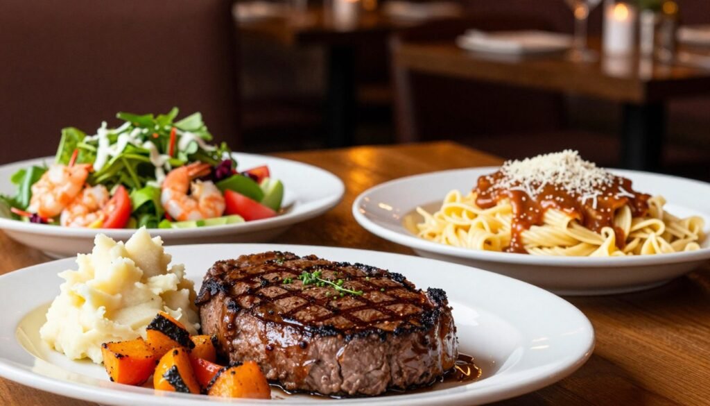 A beautifully arranged table showcasing Ruby Tuesday's main course options, featuring a selection of vibrant dishes: a grilled sirloin steak with seasoned vegetables, a creamy parmesan chicken pasta, and a fresh southwestern shrimp salad. The foreground includes a close-up of the steak, garnished with herbs and accompanied by a side of mashed potatoes, all glistening under soft, warm lighting. In the middle ground, the pasta dish is elegantly plated with a rich sauce and a sprinkle of parmesan, while the salad is bursting with colors from fresh greens, tomatoes, and lime dressing. The background subtly displays the cozy ambiance of a Ruby Tuesday restaurant, with wooden accents and soft, welcoming lighting. The overall mood is inviting and appetizing, perfect for a dining experience.