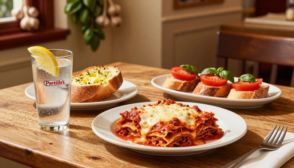 A beautifully arranged table showcasing an array of Portillo's Italian specialties, including a vibrant plate of lasagna with layers of rich marinara sauce and creamy cheese, a side of garlic bread glistening with melted butter, and fresh bruschetta topped with ripe tomatoes and basil. In the foreground, there's a glass of sparkling Italian soda with a slice of lemon. The middle ground features a rustic wooden table with a woven tablecloth, enhancing the homely Italian dining atmosphere. The warm, golden lighting casts soft shadows, creating an inviting ambiance. The background hints at an Italian trattoria with soft-focus decor of hanging garlic and basil plants, evoking a sense of authenticity and warmth. This image captures the essence of Italian comfort food to entice viewers to explore Portillo's hidden treasures.