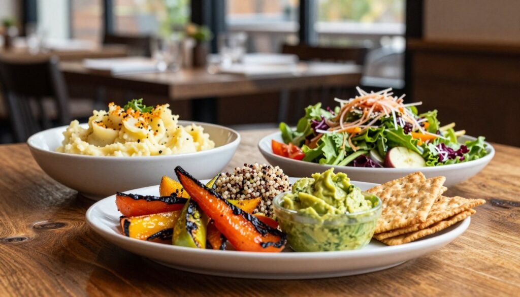 A captivating display of gluten-free side dishes from Ruby Tuesday, artistically arranged on a rustic wooden table. In the foreground, zoom in on colorful garnishes like vibrant roasted vegetables, quinoa salad, and a creamy avocado dip served with gluten-free crackers. In the middle ground, feature a bowl of fragrant garlic mashed potatoes and a fresh house salad topped with assorted healthy toppings. The background should softly blur to highlight a warm, inviting restaurant ambiance with natural light filtering through large windows, casting gentle shadows. Capture the inviting atmosphere of a dining experience, with succulent side dishes glistening, appealing to both health-conscious individuals and food lovers alike. Use a warm color palette to evoke a cozy and friendly vibe.