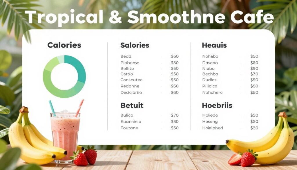 A clean, visually appealing infographic-style image showcasing the nutritional information of Tropical Smoothie Cafe food menu items. In the foreground, display vibrant, colorful fruit and smoothie illustrations, such as bananas, strawberries, and leafy greens, arranged artfully. In the middle layer, provide neatly organized charts or tables with clear nutritional data, including calories, protein, and ingredients, designed with a bright, tropical theme. The background should feature lush, tropical foliage, conveying an inviting and healthy atmosphere. Use soft, natural lighting to create a fresh and vibrant mood, capturing the essence of a sunny cafe environment. The overall composition should be sleek, modern, and easy to read, with a focus on cleanliness and professionalism.