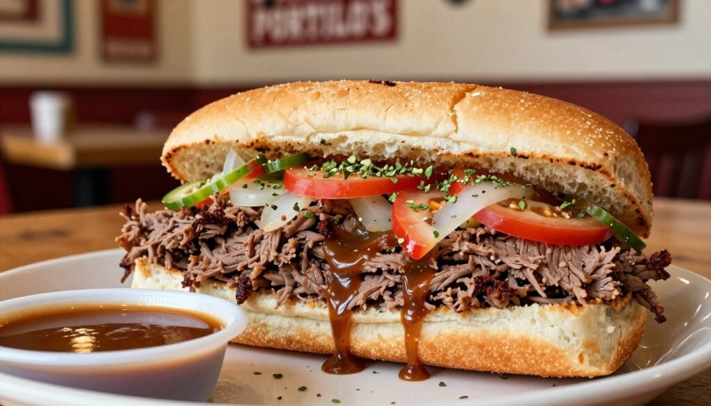 A close-up view of a Portillo's Italian Beef Sandwich, featuring succulent, thinly sliced beef dripping with savory au jus, nestled in a fresh, lightly toasted Italian roll. The sandwich should be overflowing with vibrant giardiniera and topped with a sprinkle of Italian herbs, showcasing the freshness of the ingredients. In the foreground, include a small dish of au jus, reflecting light to emphasize its rich color. The background should portray a tasteful, rustic diner setting with warm wooden tables and a soft focus of Chicago-themed decor. Use natural, soft lighting to create a warm and inviting atmosphere, capturing the essence of a beloved Chicago classic. The mood should evoke a sense of nostalgia and comfort.