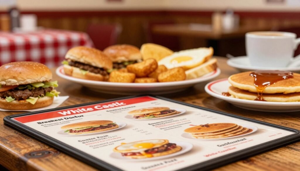 A close-up view of a White Castle breakfast menu displayed on a rustic wooden table, showcasing vibrant images of breakfast items like sliders, hash browns, and pancakes with syrup. The foreground focuses on the menu items, highlighting their textures and colors under warm, inviting lighting that creates a cozy morning atmosphere. In the middle, there is a neatly arranged breakfast feast featuring multiple items served on a classic diner-style plate. The background is softly blurred with the hint of a diner environment, adorned with classic decor like red checkered tablecloths and coffee cups. The overall mood is cheerful and welcoming, suggesting a cozy breakfast experience at White Castle.