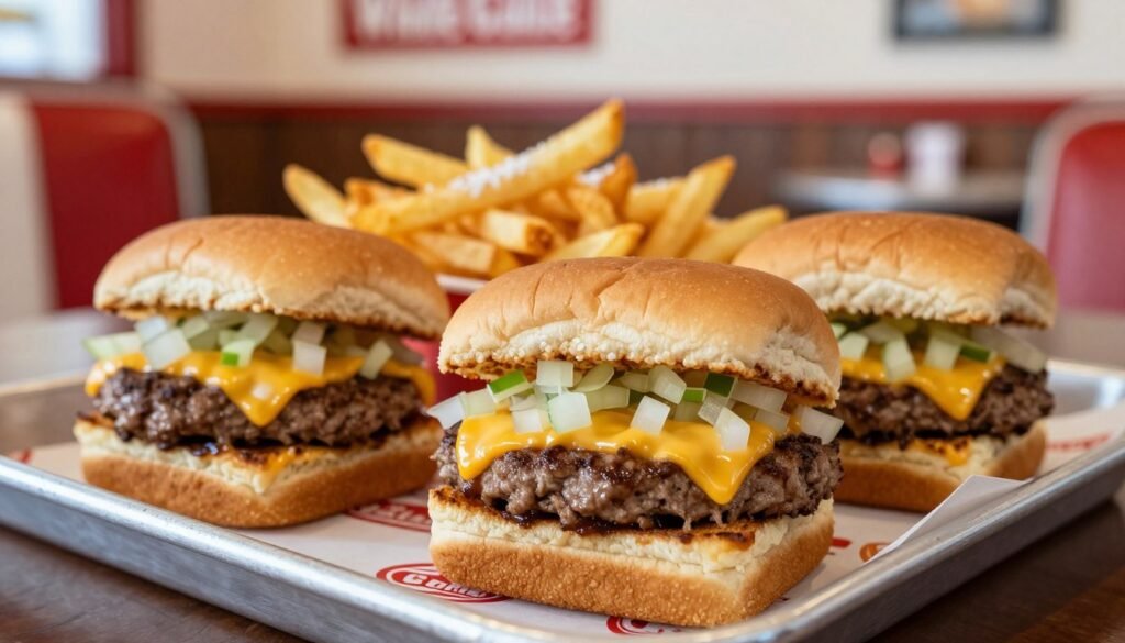 A close-up view of a platter featuring delicious White Castle sliders, showcasing their signature square-shaped patties with melted cheese, diced onions, and perfectly toasted buns. In the foreground, emphasize the glistening, juicy sliders with a few placed on a decorative napkin. The middle ground should include a side of crispy French fries, lightly salted and golden brown. The background features a cozy diner setting with vintage decor, soft lighting creating a warm atmosphere. Capture the scene with a shallow depth of field, using a 50mm lens to draw focus on the sliders while gently blurring the background. The overall mood should evoke nostalgia and hunger, celebrating the iconic appeal of White Castle's menu. No text or watermarks present.