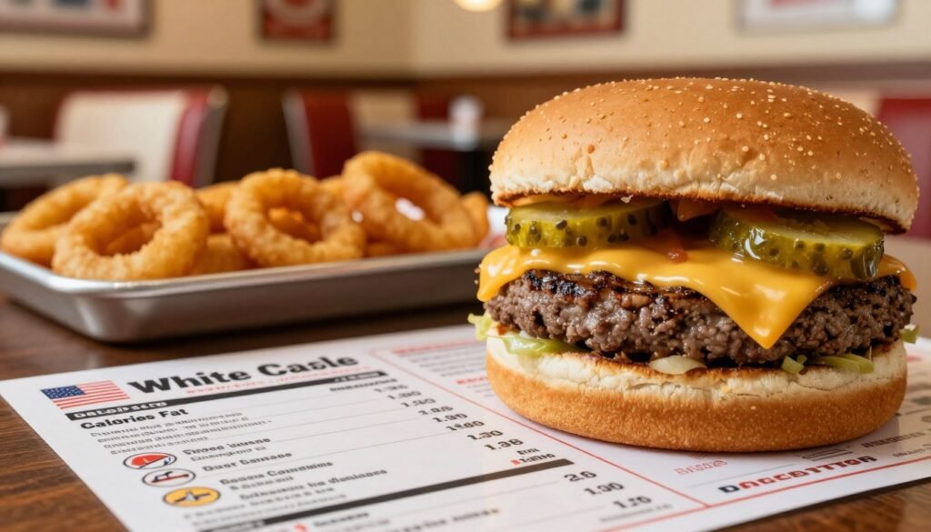 A close-up view of an inviting White Castle burger, showcasing the classic steam-grilled slider with melted cheese and pickles on a soft white bun. The foreground features a nutritional information card styled like a restaurant menu, highlighting calories, fat, and protein content, with visually appealing icons for each nutrient. In the middle ground, a neatly arranged platter of various White Castle menu items, including chicken rings and onion rings, adds variety to the scene. The background features a cozy diner setting with warm, inviting lighting, perhaps a few retro-style booths and wooden decor. The atmosphere is casual and friendly, perfect for a nostalgic fast-food experience. Use a soft focus on the surroundings to emphasize the burger and nutritional card, capturing a mouth-watering appeal.