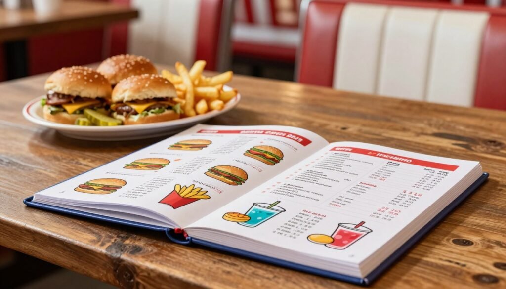 A detailed and visually appealing layout of White Castle's nutritional information displayed on a rustic wooden table. In the foreground, focus on an elegant, open binder showcasing vibrant, colorful icons and illustrations representing various menu items like sliders, fries, and drinks with corresponding nutritional values. In the middle ground, include a small plate of White Castle sliders garnished with fresh pickles and a side of crispy fries. The background blends soft-focus images of a cozy diner setting, with hints of bright lighting and subtle reflections. Use warm, inviting lighting to create a friendly and welcoming atmosphere, reminiscent of a classic fast-food experience, ideally shot at a 45-degree angle to enhance depth.