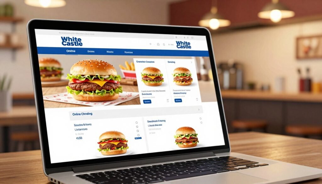 A detailed digital illustration of an engaging White Castle online ordering interface on a computer screen. In the foreground, a modern laptop displays the White Castle burger menu, featuring mouthwatering images of classic sliders and sides. The middle layer shows the vibrant colors of the menu items, highlighting the iconic white and blue branding of White Castle. In the background, a cozy kitchen setting is softly illuminated with warm, inviting lighting, suggesting a friendly, casual atmosphere for ordering food. The angle should be slightly elevated to capture both the laptop screen and the kitchen's inviting details. The mood is appetizing and appealing, enticing viewers to explore the simplicity of ordering their favorite burgers from home. A detailed digital illustration of an engaging White Castle online ordering interface on a computer screen. In the foreground, a modern laptop displays the White Castle burger menu, featuring mouthwatering images of classic sliders and sides. The middle layer shows the vibrant colors of the menu items, highlighting the iconic white and blue branding of White Castle. In the background, a cozy kitchen setting is softly illuminated with warm, inviting lighting, suggesting a friendly, casual atmosphere for ordering food. The angle should be slightly elevated to capture both the laptop screen and the kitchen's inviting details. The mood is appetizing and appealing, enticing viewers to explore the simplicity of ordering their favorite burgers from home.