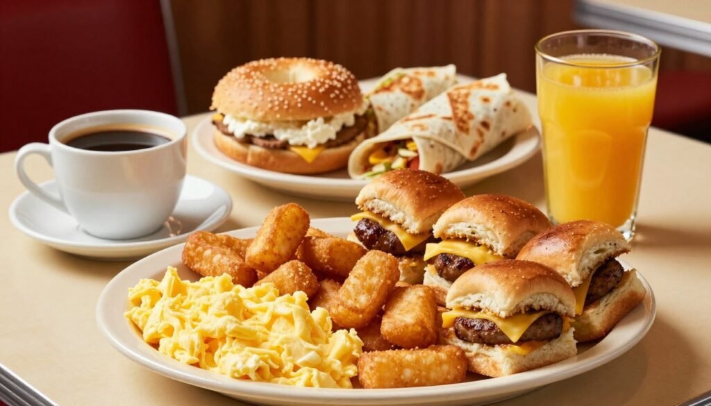 A mouth-watering table displaying an array of White Castle breakfast combo meals. In the foreground, a plate of fluffy scrambled eggs, crispy hash browns, and a selection of mini sliders featuring sausage, egg, and cheese. A cup of fresh coffee and an orange juice glass sit beside the plate. In the middle ground, a full breakfast combo including a toasted bagel topped with cream cheese and a side of breakfast wraps is arranged invitingly. The background features a cozy diner atmosphere with soft, warm lighting, enhancing the appetizing colors of the food. The scene is captured from a top-down angle, showcasing the delicious variety and inviting presentation, evoking a cheerful morning vibe.