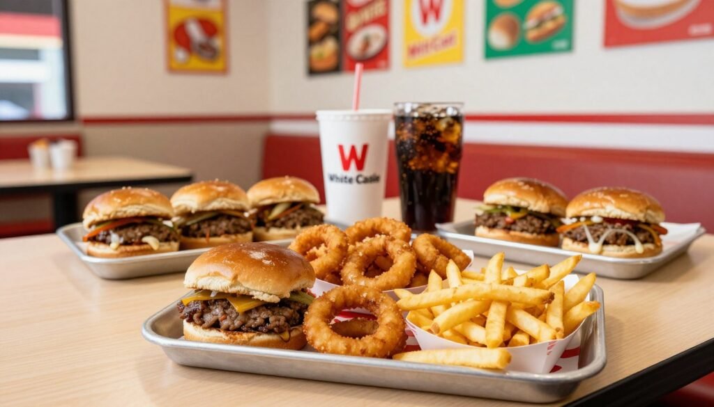 A top-down view of a vibrant White Castle restaurant table filled with an assortment of delicious combo meals. In the foreground, a neatly arranged tray showcases iconic White Castle sliders, crispy onion rings, and a side of fries, all glistening under warm, inviting lighting. In the middle, a drink cup filled with soda is artfully positioned beside the food, showcasing the casual dining atmosphere. The background features a blurred interior of a White Castle restaurant, complete with colorful menus hanging on the walls and playful decor, embodying a cheerful and satisfying vibe. The overall mood is inviting and appetizing, enticing viewers to explore affordable meal options. The image should be bright, with natural daylight enhancing the colors of the food and surroundings, captured from a slightly elevated angle to provide a comprehensive view.
