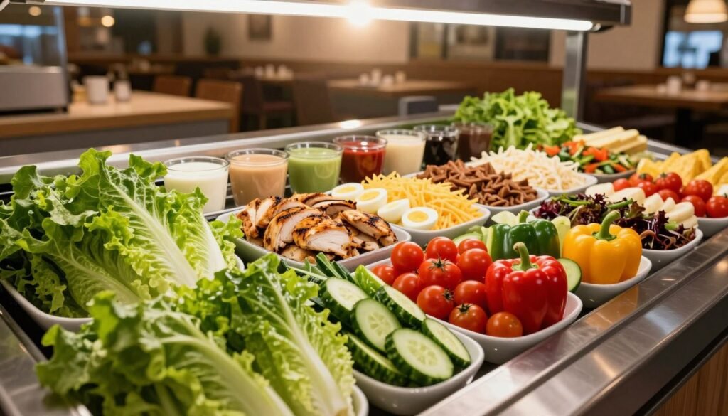 A vibrant Ruby Tuesday salad bar, featuring a wide array of fresh ingredients. In the foreground, a generous assortment of crisp, colorful vegetables like romaine lettuce, cherry tomatoes, cucumbers, and bell peppers is displayed in elegant bowls. The middle ground showcases an array of toppings, including grilled chicken, hard-boiled eggs, shredded cheese, and various dressings in glass containers. The background features a well-lit, inviting restaurant interior with wooden accents and warm lighting, creating a cozy ambiance. A subtle lens flare enhances the inviting atmosphere, and the image is captured from a high angle, offering a comprehensive view of the salad selections. The overall mood is fresh, healthy, and appealing, perfect for showcasing nutritious options.