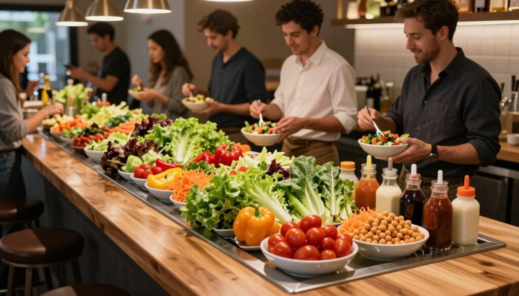 A vibrant Ruby Tuesday salad bar, showcasing a bountiful array of fresh ingredients. In the foreground, a polished wooden counter displays a variety of crisp lettuce, colorful bell peppers, cherry tomatoes, shredded carrots, and chickpeas, all neatly arranged in elegant bowls. To the side, an assortment of dressings in attractive glass containers adds a pop of color. In the middle ground, patrons in casual yet neat attire eagerly assemble their salads, engaged in cheerful conversation. The background features a warm, inviting interior with soft lighting accentuating the freshness of the ingredients. A wide-angle view captures the bustling atmosphere, conveying a sense of community and enjoyment. The overall mood is lively and appetizing, emphasizing the joy of creating personalized garden-fresh salads.
