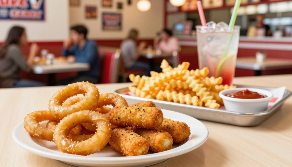 A vibrant and appealing layout of various side items from the White Castle menu. In the foreground, a stylized collection of onion rings, mozzarella sticks, and jalapeño cheese bites artfully arranged on a classic white plate, glistening with a light sheen. In the middle, a tray features crinkle-cut fries, a small dish of tangy dipping sauce, and a refreshing drink with ice and a colorful straw. The background showcases a blurred image of a bustling diner interior, with cheerful customers enjoying their meals under warm, inviting lighting. The overall atmosphere is casual and inviting, perfect for a quick bite with friends or family. The scene should evoke a sense of nostalgia and comfort food enjoyment, captured with a slight overhead angle to emphasize the delicious details.