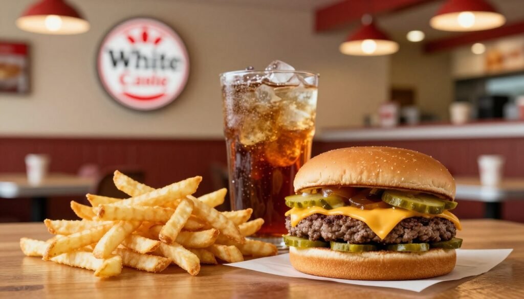 A vibrant and delicious depiction of a White Castle value meal spread on a wooden table. In the foreground, a classic White Castle burger stacked with a juicy beef patty, melting cheddar cheese, and pickles, paired with a side of crispy french fries. A refreshing soft drink in a clear cup catches the light, highlighting ice cubes and vibrant colors of the drink. In the middle ground, a cozy White Castle restaurant setting with warm, ambient lighting creating an inviting atmosphere. The background features the iconic White Castle logo subtly displayed on the wall, enhancing the brand presence. The focus should be sharp on the meal, evoking a sense of comfort and satisfaction. The image should convey a cheerful, inviting mood, showcasing the casual dining experience and value associated with White Castle meals.