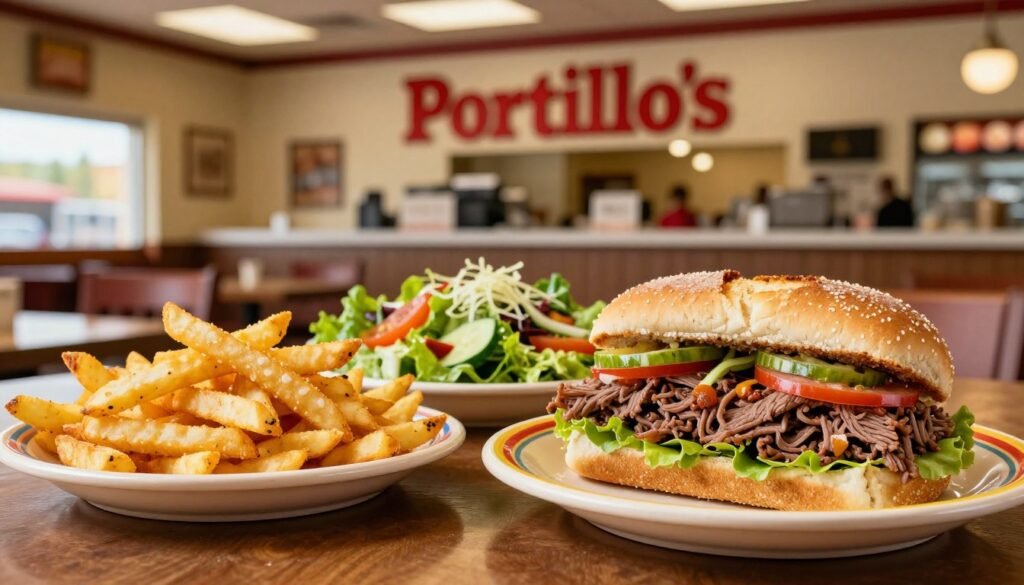 A vibrant and inviting display of gluten-free menu options at Portillo's, showcasing a delicious arrangement of gluten-free items like crispy French fries, a fresh garden salad, and a zesty Italian beef sandwich served in a gluten-free bun. In the foreground, highlight the colorful plates with enticing food textures and garnishes, while the middle ground features a well-designed, clean restaurant interior with warm lighting, creating a welcoming atmosphere. In the background, subtly blur the iconic Portillo's signage and decor to provide context without overshadowing the food. Use soft, natural lighting to enhance the freshness and appetizing quality of the dishes, evoking a sense of comfort and satisfaction.