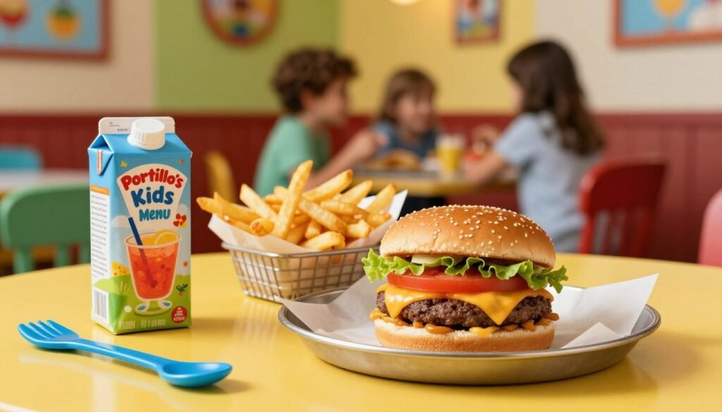 A vibrant and inviting image showcasing a selection of Portillo's kids menu items, featuring a small, juicy cheeseburger with melted cheese, topped with fresh lettuce and a slice of tomato, alongside crispy, golden French fries in a paper basket. In the foreground, display a colorful kid-friendly drink, like a bright smoothie or juice box. The middle ground includes a fun, cheerful table setting with playful utensils and a bright tablecloth. In the background, capture a warm and family-friendly restaurant ambiance, with soft lighting and colorful decor reflecting a lively atmosphere. The overall mood is joyful and delicious, perfect for enticing young diners and their families.