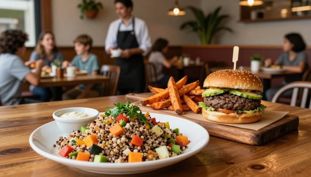 A vibrant and inviting table scene showcasing a selection of gluten-free options at a casual family restaurant. In the foreground, a beautifully plated quinoa salad with colorful diced vegetables, garnished with fresh herbs, and accompanied by a small bowl of gluten-free dressing. Beside it, a hearty gluten-free burger on a rustic wooden board, topped with avocado and served with sweet potato fries. In the middle background, a cozy dining atmosphere with warm lighting, wooden accents, and subtle greenery creating a relaxed vibe. A glimpse of a friendly server in professional casual attire interacting with a family at a nearby table enriches the scene. The angle is slightly above table level, focusing on the delicious food, enticing viewers into a culinary experience.