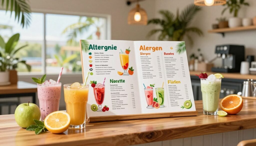 A vibrant and inviting tropical smoothie allergen menu displayed in a bright, well-lit café setting. The menu features colorful smoothie illustrations and clear sections highlighting allergen-friendly options, such as dairy-free, nut-free, and gluten-free choices. In the foreground, a sleek wooden counter with fresh fruit and smoothie ingredients artistically arranged. In the middle, the allergen menu is prominently showcased, with details like vivid smoothie colors and eye-catching icons for each allergen-free category. In the background, tropical plants and a sunny window add to the cheerful atmosphere. The lighting is warm and uplifting, capturing the essence of a friendly café environment. The scene is shot from a slight angle to emphasize depth and texture without any text or overlays.