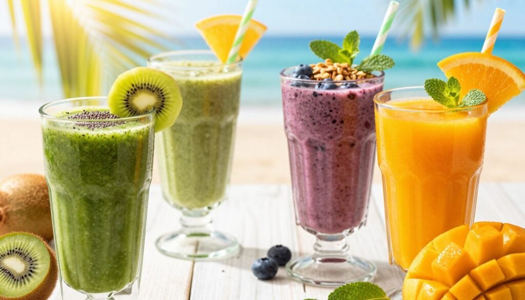 A vibrant array of nutrient-rich smoothies displayed in elegant glass containers, showcasing a variety of textures and colors. In the foreground, a deep green spinach smoothie topped with slices of kiwi and chia seeds, alongside a bright orange mango smoothie garnished with mint leaves and a slice of orange. In the middle ground, a creamy berry smoothie rich in blueberries and acai, with a sprinkle of granola on top. The background features tropical elements, with blurred palm leaves and soft-focus beach scenery, creating a refreshing atmosphere. Natural sunlight filters through, casting a warm glow on the smoothies, emphasizing their freshness. The composition is inviting, highlighting health benefits and vibrant nutrition. The overall mood is energizing and wholesome, ideal for promoting a healthy lifestyle.