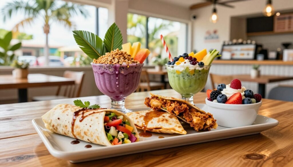 A vibrant assortment of Tropical Smoothie Cafe secret food items, displayed artfully on a wooden table. Foreground: a beautifully arranged platter featuring a delicious Mediterranean wrap, a crispy chicken quesadilla, and a fresh berry salad, all glistening with enticing sauces. Middle: a colorful smoothie bowl topped with granola and fresh fruit accents, surrounded by tropical foliage. Background: a bright, sunlit café interior with large windows showcasing lush palm trees and a welcoming atmosphere. Soft, natural lighting creates a warm, inviting mood, emphasizing the deliciousness of the food. The angle captures the spread from a slightly elevated perspective, inviting the viewer to explore the hidden delights of the café's secret menu.