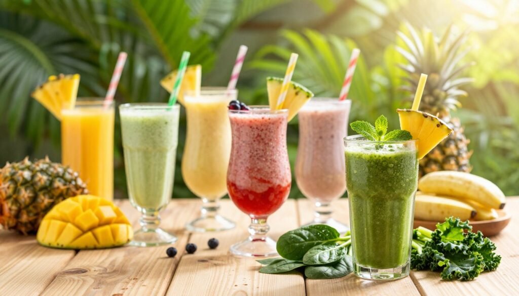 A vibrant, colorful display of tropical smoothies arranged on a wooden table, showcasing an array of ingredients like fresh fruits (mango, pineapple, banana, and berries) and vibrant greens (spinach and kale). In the foreground, a clear glass filled with a smoothie, topped with a slice of fruit and a sprig of mint, with droplets of condensation on the glass. In the middle, an assortment of additional smoothies in artistic glasses, each one uniquely decorated with fruit pieces and colorful straws. The background features lush tropical foliage with a soft focus, evoking a sunny, warm atmosphere. The lighting is bright and natural, mimicking sunlight filtering through leaves, creating a fresh, inviting mood perfect for wellness and health.