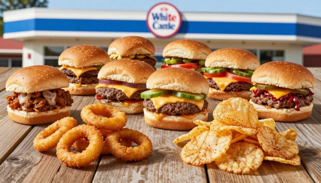 A vibrant display of White Castle's menu highlights, featuring a variety of iconic food items arranged on a rustic wooden table. In the foreground, spotlight crispy Chicken Rings and a stack of fluffy Onion Chips, glistening with seasoning. In the middle, showcase a colorful assortment of Sliders - the classic Cheeseburger, Veggie Slider, and a new Spicy slider, each with fresh toppings and melting cheese, all brightened by soft, natural lighting. The background reveals a faint outline of a White Castle restaurant with its recognizable blue and white color scheme. Capture this scene from a slightly elevated angle for depth, evoking a casual and inviting atmosphere that celebrates the diversity of the menu while maintaining focus on the delectable food.