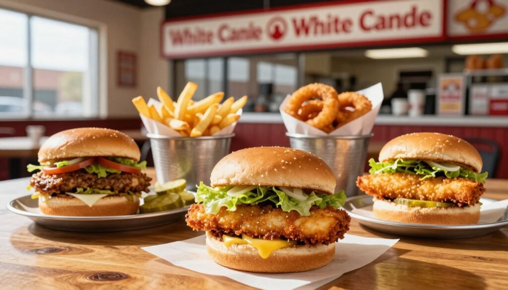A vibrant, enticing display of White Castle Orlando menu options, featuring an array of sandwiches beyond burgers, presented on a wooden table. In the foreground, a classic Chicken Slider, perfectly crispy, is accompanied by a flavorful Veggie Slider and a savory Fish Slider, garnished with fresh lettuce and pickles. The middle layer showcases crispy, golden fries and onion rings in rustic serving containers, exuding warmth. In the background, softly blurred, are the iconic White Castle restaurant elements, hinting at the lively atmosphere. Natural light streams in from a nearby window, creating a warm and inviting mood. Capture the scene from a slightly elevated angle, emphasizing the delicious food while evoking a casual dining experience. The atmosphere should feel friendly and appetizing, inviting readers to explore these tasty options. A vibrant, enticing display of White Castle Orlando menu options, featuring an array of sandwiches beyond burgers, presented on a wooden table. In the foreground, a classic Chicken Slider, perfectly crispy, is accompanied by a flavorful Veggie Slider and a savory Fish Slider, garnished with fresh lettuce and pickles. The middle layer showcases crispy, golden fries and onion rings in rustic serving containers, exuding warmth. In the background, softly blurred, are the iconic White Castle restaurant elements, hinting at the lively atmosphere. Natural light streams in from a nearby window, creating a warm and inviting mood. Capture the scene from a slightly elevated angle, emphasizing the delicious food while evoking a casual dining experience. The atmosphere should feel friendly and appetizing, inviting readers to explore these tasty options.