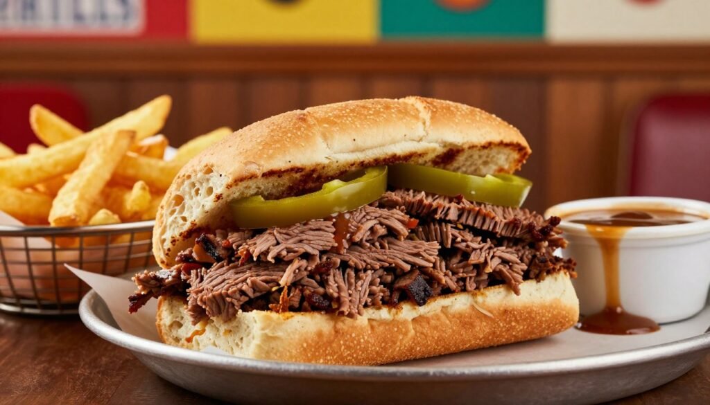 A vibrant, mouthwatering display of Portillo's legendary beef creations, featuring a gourmet Italian beef sandwich overflowing with tender, juicy slices of beef, nestled in a fresh, crusty roll topped with sweet peppers. Surrounding the sandwich are crispy, golden fries served in a rustic basket, and a container of rich, savory dipping gravy. In the background, a cozy diner setting with warm wood accents and colorful decor evokes a nostalgic atmosphere. The lighting is soft and inviting, creating a warm glow that highlights the delicious food. Use a close-up angle to emphasize the texture and layers of the beef. Capture the mood of comfort food indulgence, making viewers crave these unexpected delights.