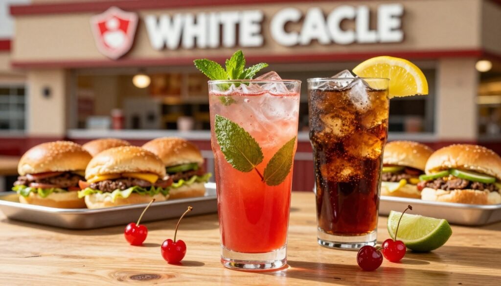 A vibrant scene showcasing an array of refreshing drinks from White Castle in Scottsdale. In the foreground, two elegant glasses filled with colorful beverages: one a vibrant strawberry lemonade with fresh mint leaves, and the other a fizzy cola served with ice and a slice of lemon. Surrounding the drinks are small, playful garnishes like maraschino cherries and lime wedges. The middle ground features a wooden table adorned with a few appetizing White Castle sliders, hinting at a delicious meal to accompany the drinks. In the background, soft-focus elements of the White Castle restaurant, with warm lighting creating a cozy atmosphere. The scene is captured from a slightly elevated angle, highlighting the textures and colors of the drinks, evoking a cheerful, inviting mood. A vibrant scene showcasing an array of refreshing drinks from White Castle in Scottsdale. In the foreground, two elegant glasses filled with colorful beverages: one a vibrant strawberry lemonade with fresh mint leaves, and the other a fizzy cola served with ice and a slice of lemon. Surrounding the drinks are small, playful garnishes like maraschino cherries and lime wedges. The middle ground features a wooden table adorned with a few appetizing White Castle sliders, hinting at a delicious meal to accompany the drinks. In the background, soft-focus elements of the White Castle restaurant, with warm lighting creating a cozy atmosphere. The scene is captured from a slightly elevated angle, highlighting the textures and colors of the drinks, evoking a cheerful, inviting mood.
