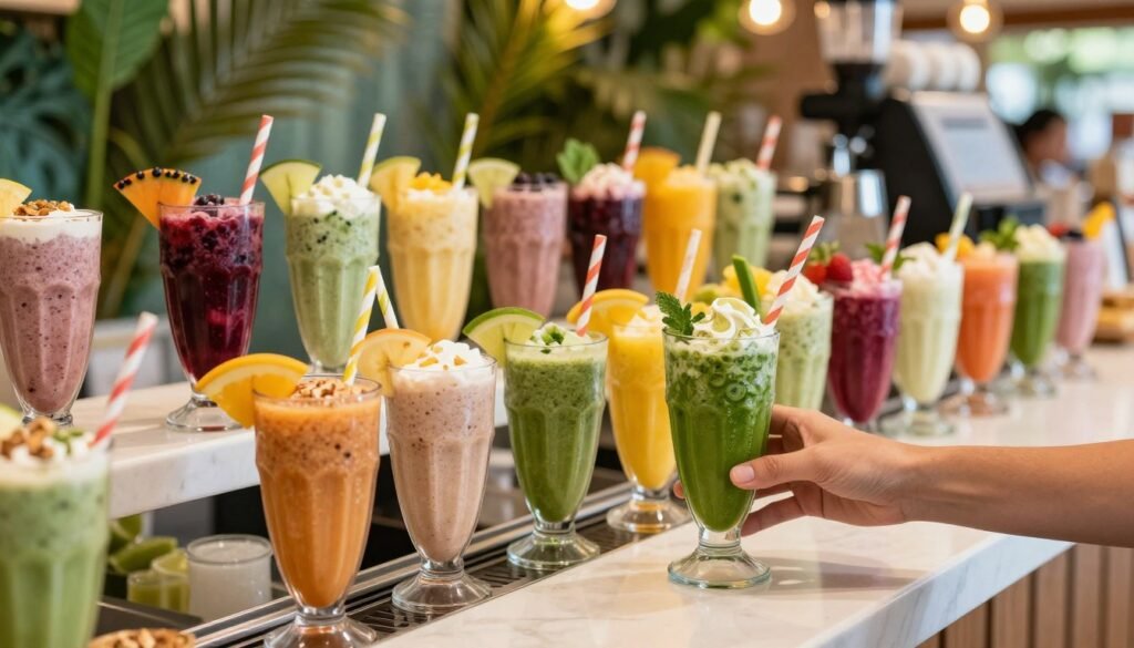 A vibrant tropical smoothie bar scene, featuring a colorful array of nut-free smoothies in clear cups, garnished with fresh fruit slices and decorative straws. In the foreground, a hand reaches for a bright green smoothie made with spinach and banana, showcasing the variety available for those with nut allergies. The middle ground features a smooth counter filled with other smoothie options like berry blends and tropical mixes, all displayed attractively. The background highlights a lush tropical setting with palm leaves and soft lighting, creating a warm and inviting atmosphere. The image is captured from a slightly elevated angle, allowing a clear view of the beverages while maintaining an airy, cheerful vibe. The focus is sharp on the smoothies, with a slightly blurred background to enhance the overall mood of freshness and health.