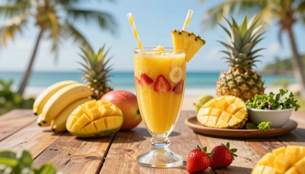 A vibrant tropical smoothie bursting with colors sits prominently in the foreground, crafted from fresh fruits like ripe bananas, luscious mangoes, and bright strawberries. The smoothie is in a clear, elegant glass adorned with a slice of pineapple and a decorative straw. Layered in the middle background, a rustic wooden table holds an array of whole fruits and a small bowl filled with leafy greens, emphasizing health and nutrition. In the softly blurred background, a sunny tropical landscape showcases palm trees and a clear blue sky, enhancing a refreshing and uplifting mood. The scene is illuminated by warm, natural light, highlighting the freshness of the ingredients, captured from a slightly angled top-down perspective to create depth and invite appetites.