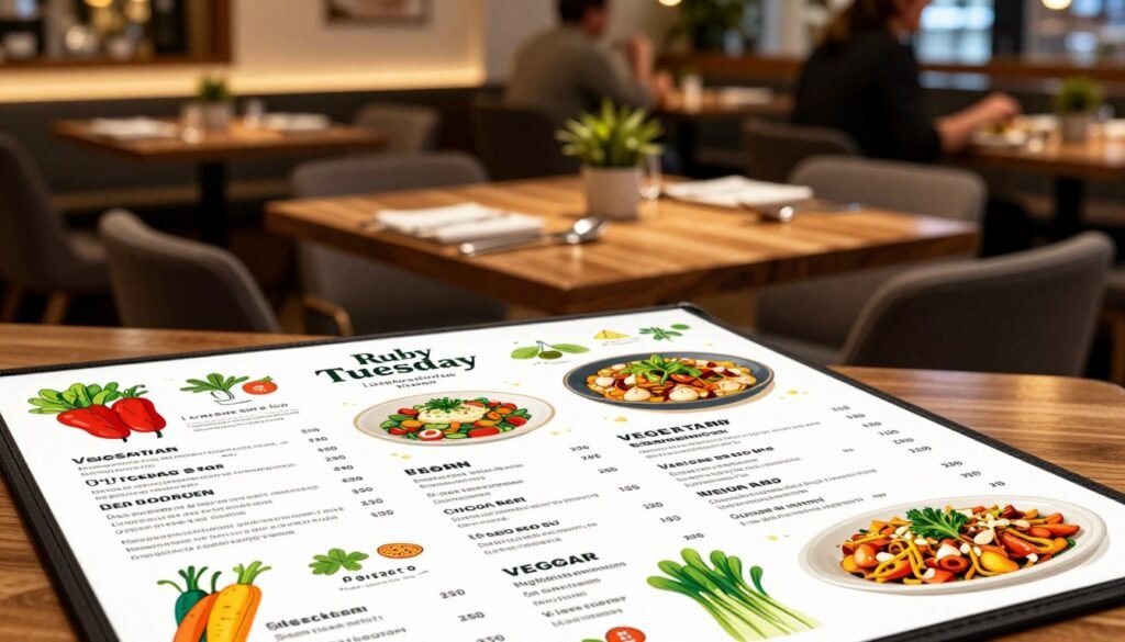 A well-designed Ruby Tuesday menu displayed prominently in a sleek restaurant setting, showcasing vegetarian and vegan options. The foreground features a close-up of the menu, elegantly laid out with colorful illustrations of fresh vegetables and enticing dishes, clearly marked with allergen symbols for easy identification. In the middle, a stylish wooden dining table with a cozy, inviting atmosphere, surrounded by neatly arranged cutlery and a small potted plant. The background includes soft, ambient lighting highlighting the warm tones of the restaurant interior, with subtle hints of diners enjoying their meals in the distance. The overall mood is friendly and welcoming, perfect for an audience seeking healthy dining options. The image captures the essence of a modern dining experience focused on vegetarian and vegan choices.