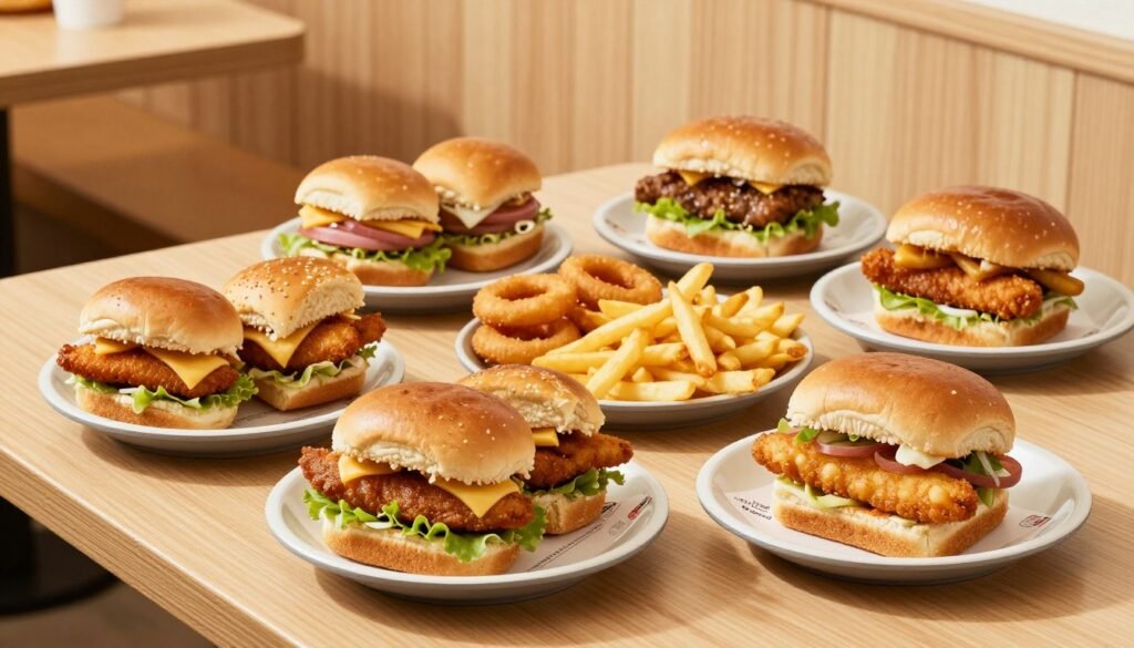 A well-organized White Castle meal displayed on a wooden table, featuring a variety of sliders and other sandwich options such as chicken rings and fish sandwiches. Each item should be presented on individual plates with visible calorie details tastefully illustrated beside them, enhanced by soft natural lighting to create a warm, inviting atmosphere. The foreground highlights the delicious textures of the food, while the middle showcases a vibrant array of sides like fries and onion rings. The background includes a slightly blurred interior of a White Castle restaurant, with light wood accents and warm yellow tones to evoke a cozy dining environment. Aim for a detailed, appetizing composition with a focus on the food's freshness and appeal, shot from a slight overhead angle to capture the full spread attractively.